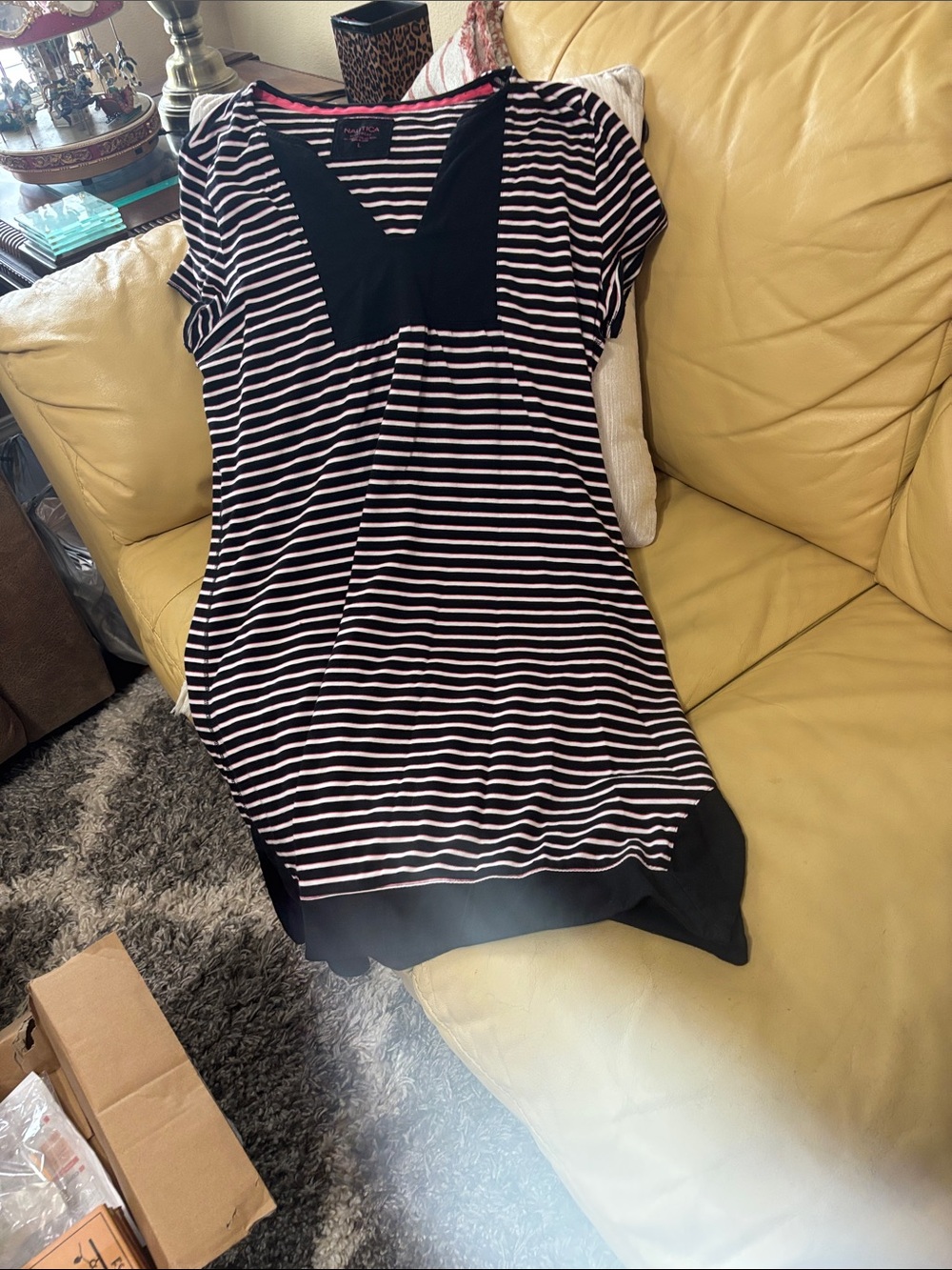 Nautica Black and White Striped V-Neck Midi ladies night dress gown